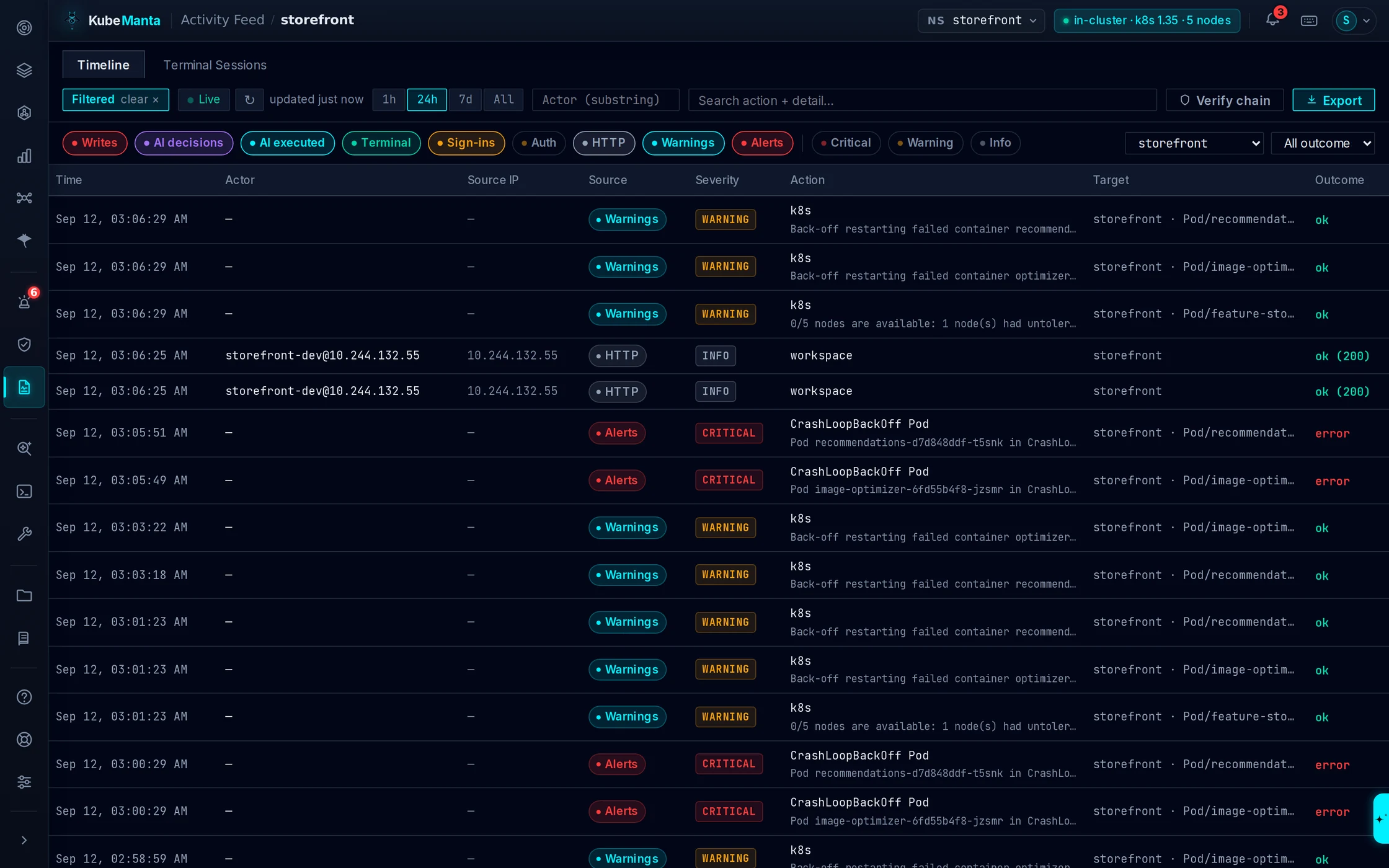 The Activity Feed timeline filtered to storefront: the viewer’s log workspace reads attributed by name and source IP beside the cluster’s own warnings, with Verify chain and Export in frame.